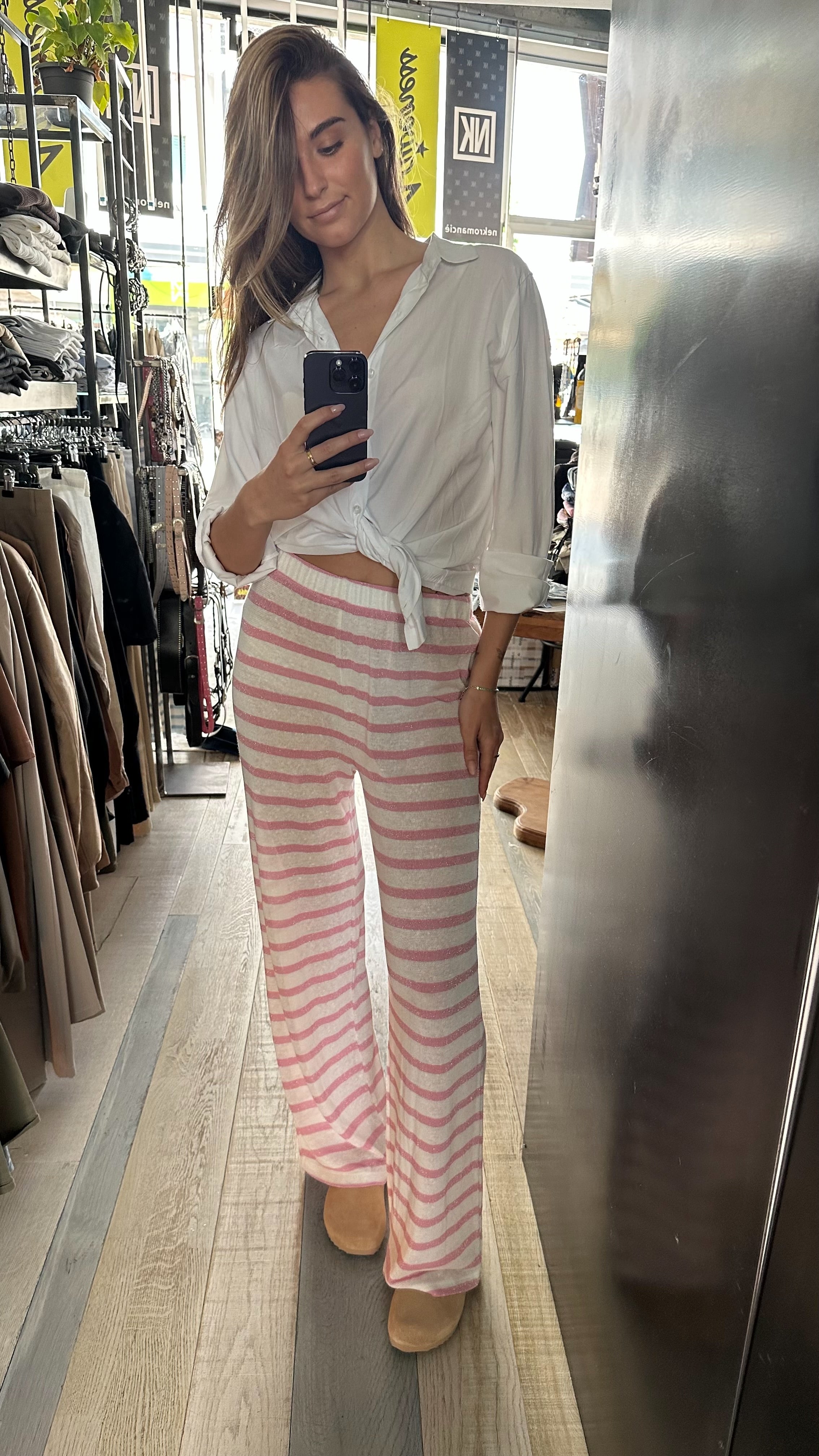 Pantalone a Riga In Lino Rosa
