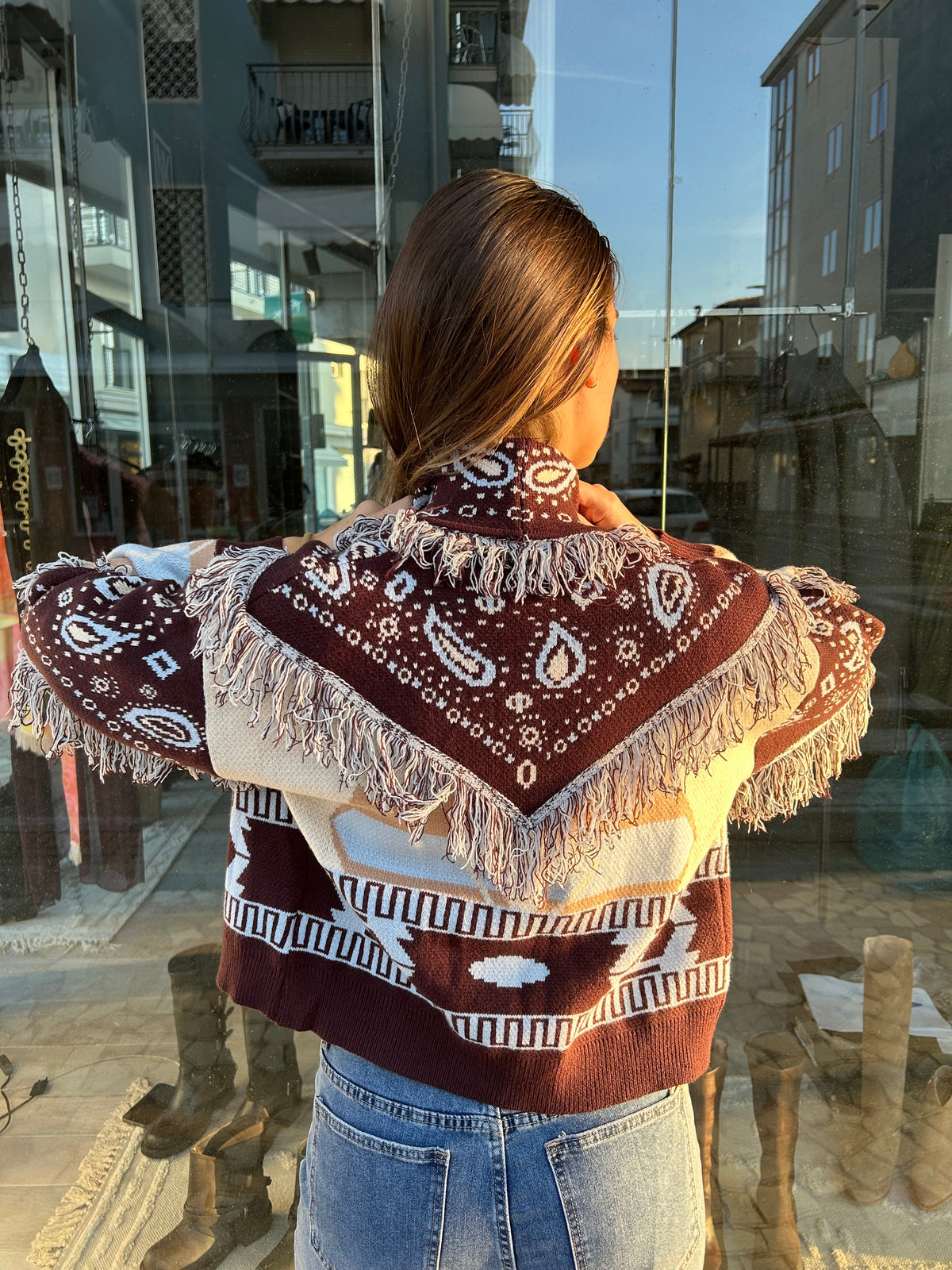 Cardigan Crop Bandana Marrone e Celeste