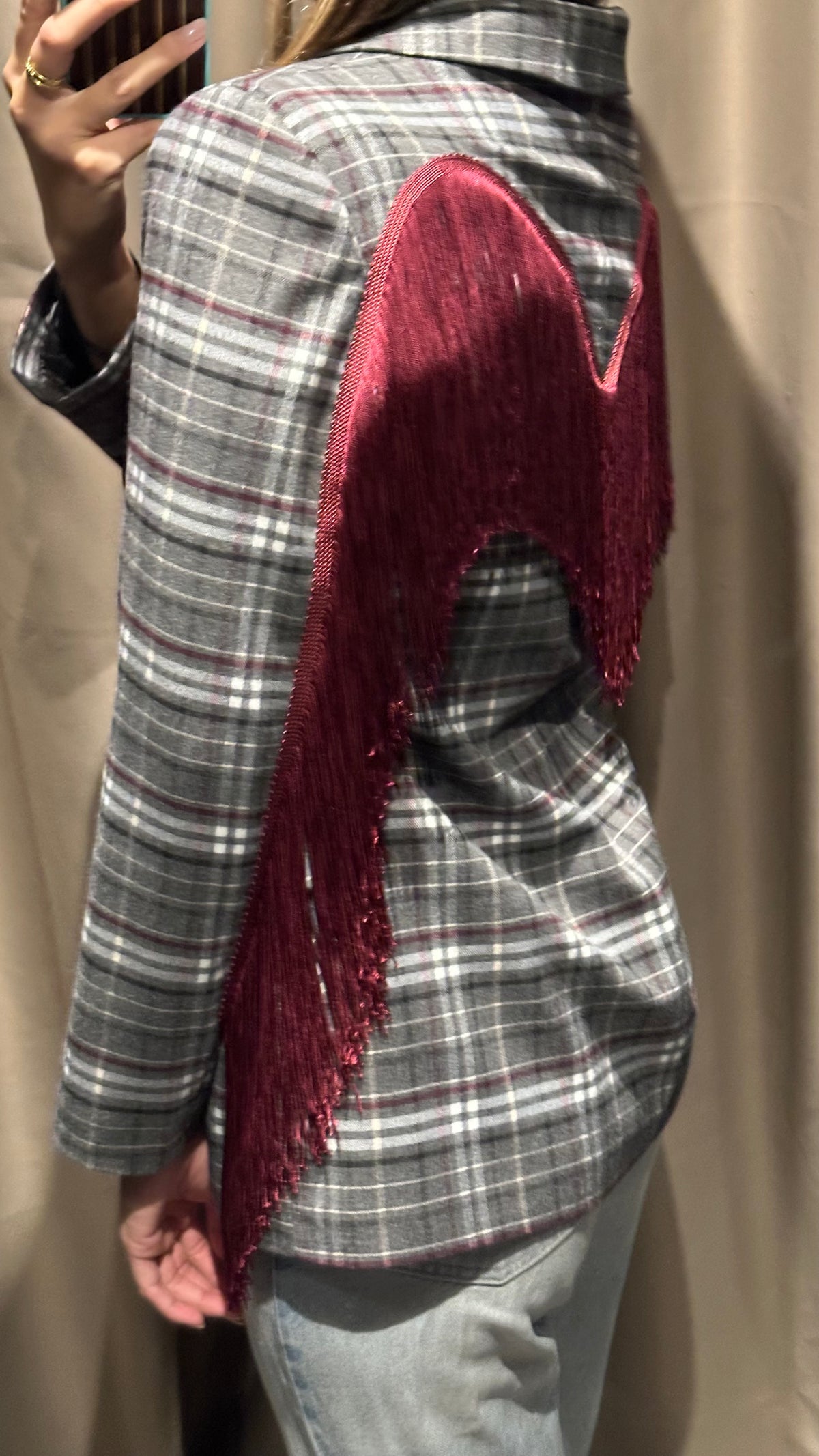 Giacca Blazer Tartan Rodeo con Frange Bordeaux