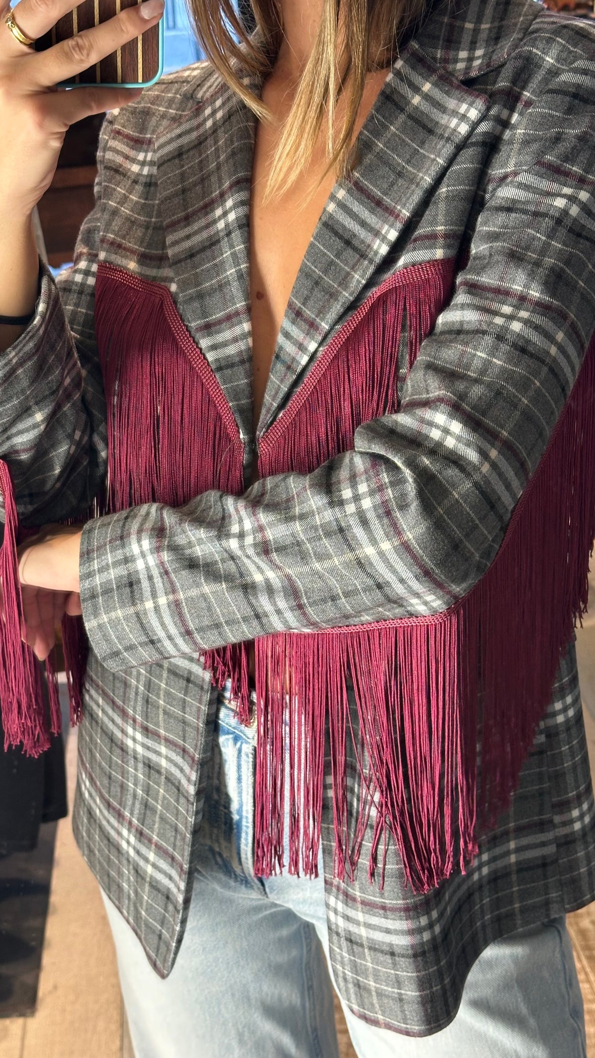 Giacca Blazer Tartan Rodeo con Frange Bordeaux