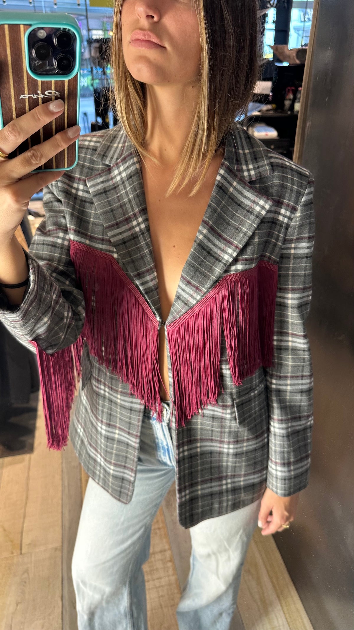 Giacca Blazer Tartan Rodeo con Frange Bordeaux