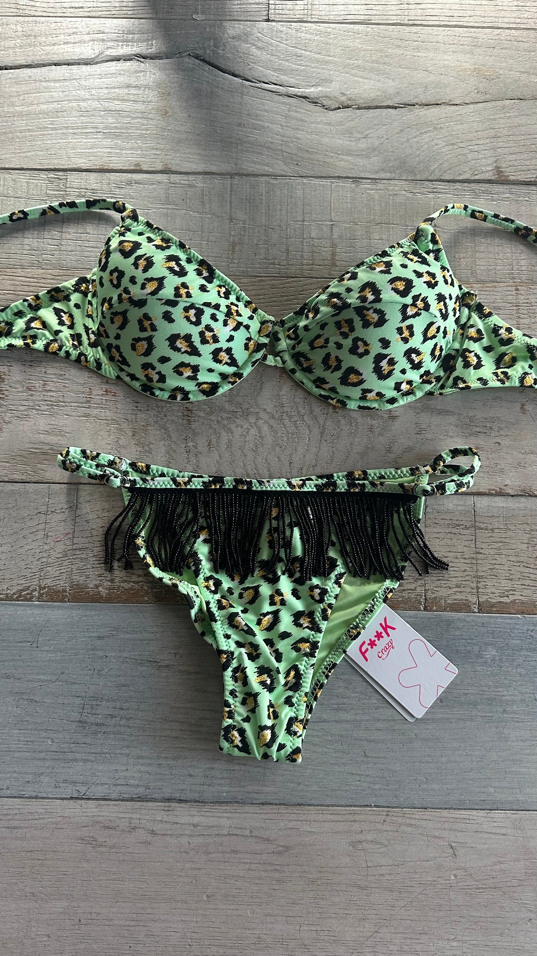 Balconcino Leopardato Verde con Perline Nere