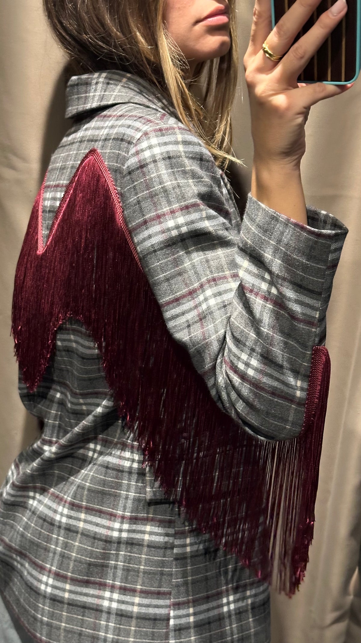 Giacca Blazer Tartan Rodeo con Frange Bordeaux