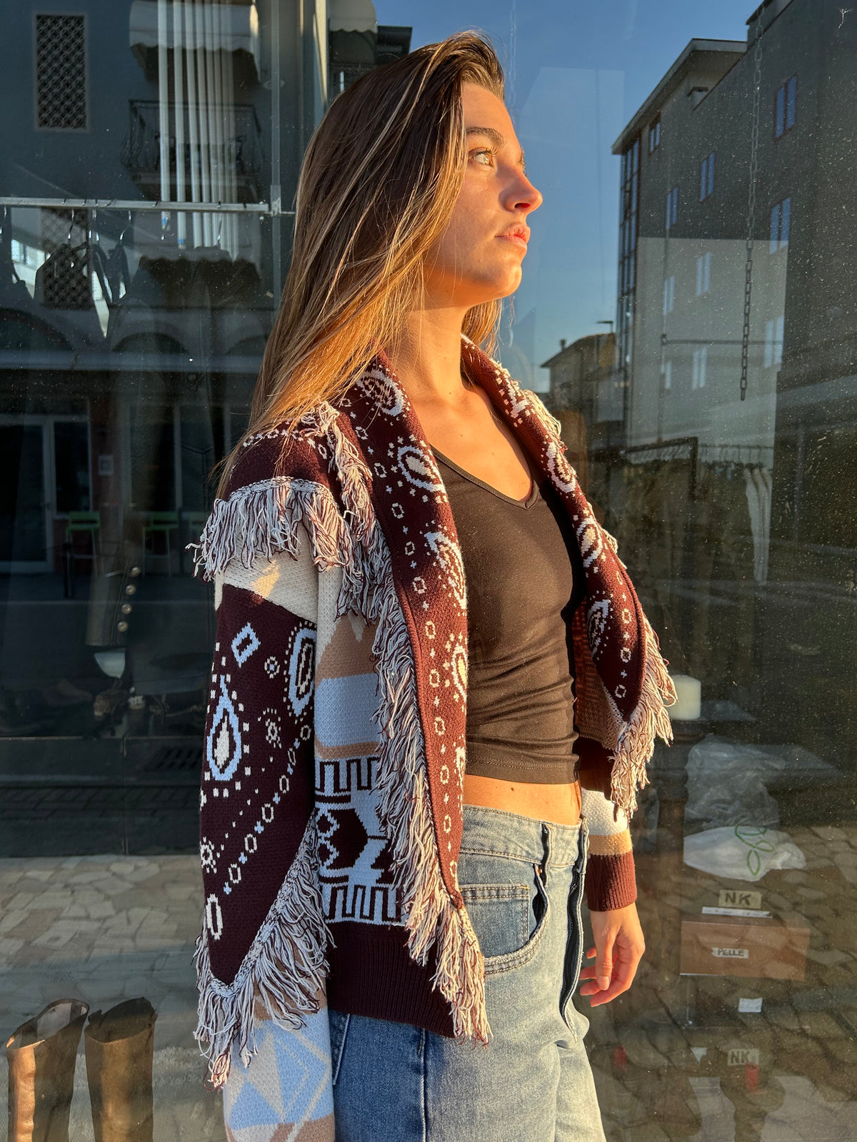 Cardigan Crop Bandana Marrone e Celeste