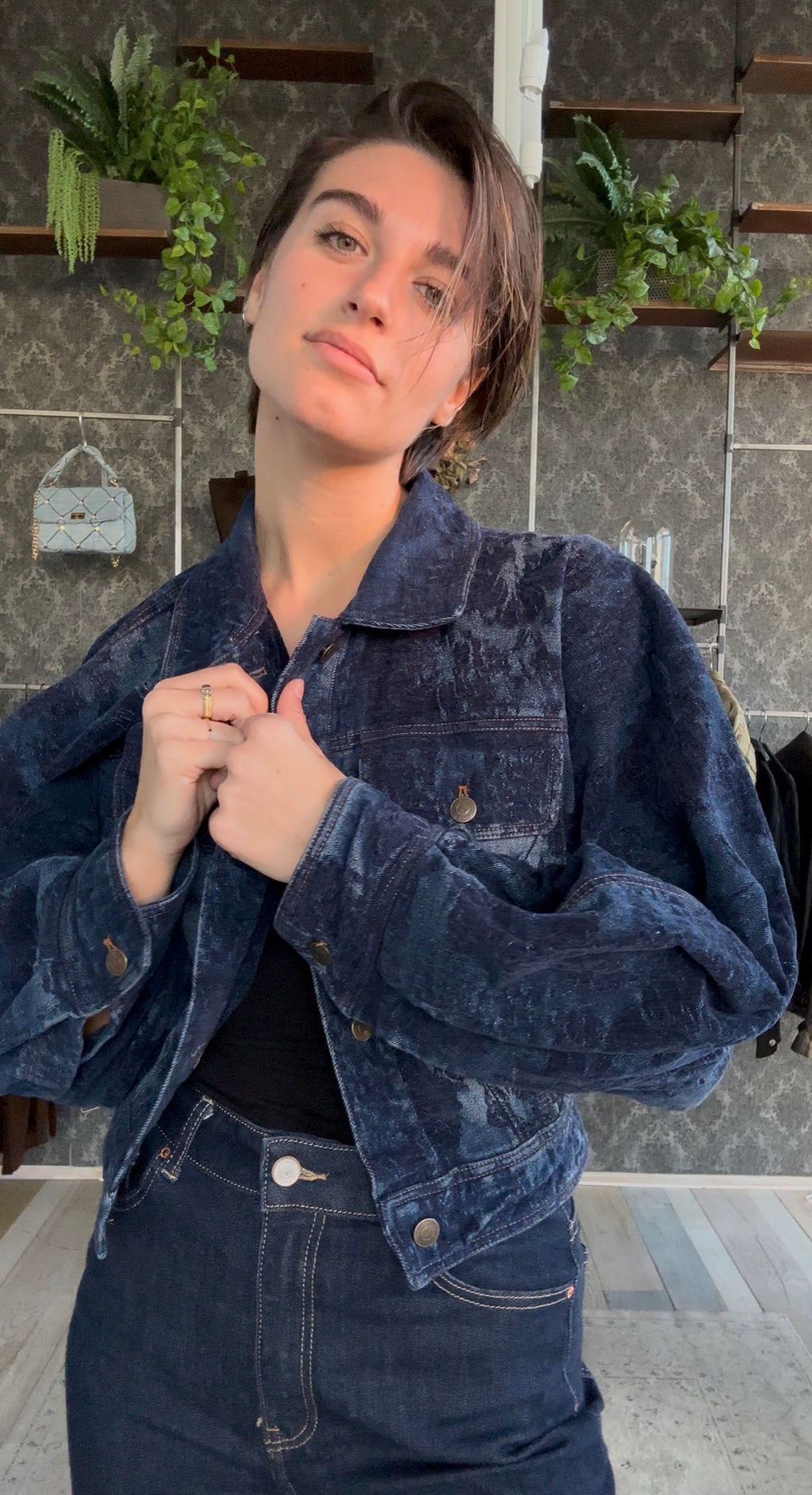 Giacca Crop in Denim e Velluto Blu «Blue Navy»