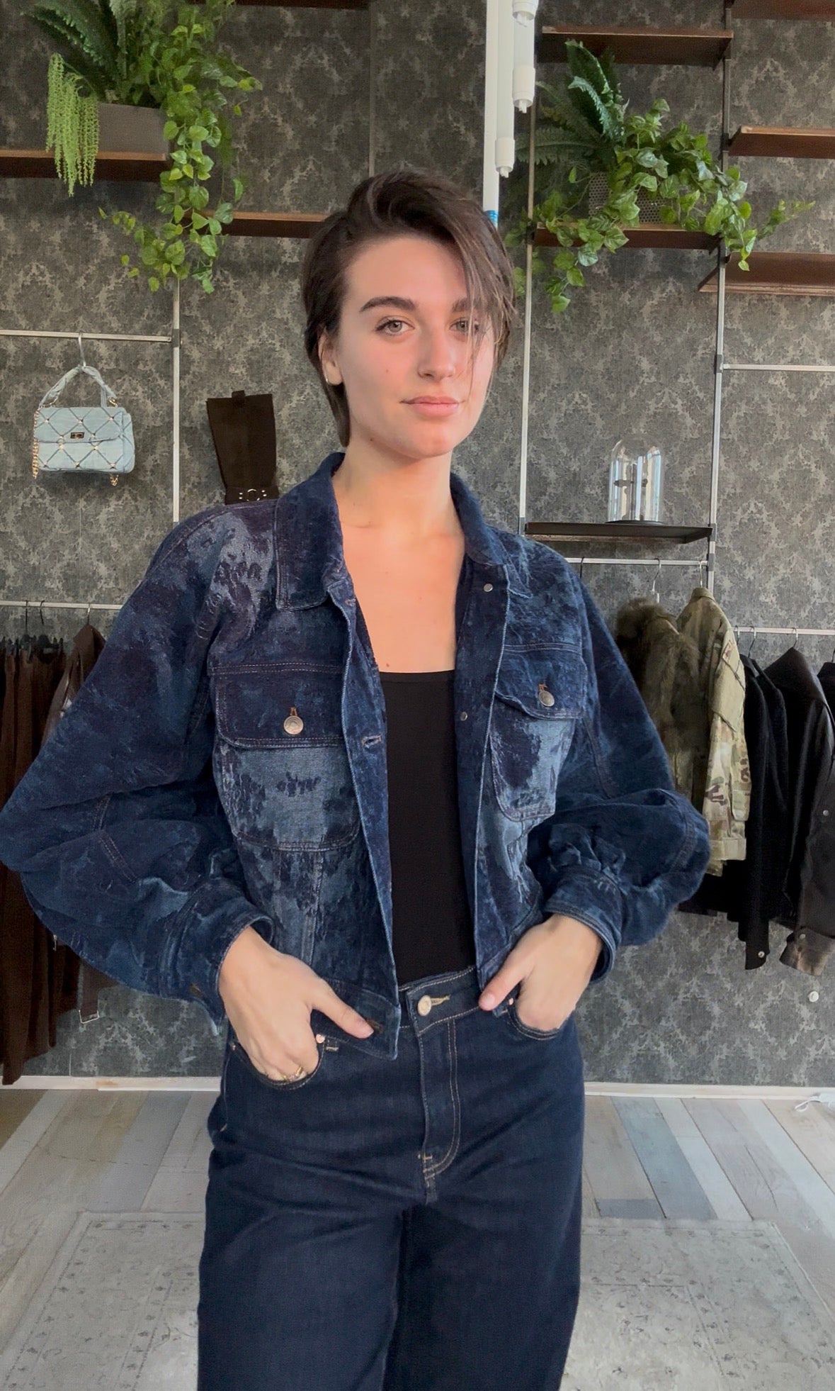 Giacca Crop in Denim e Velluto Blu «Blue Navy»