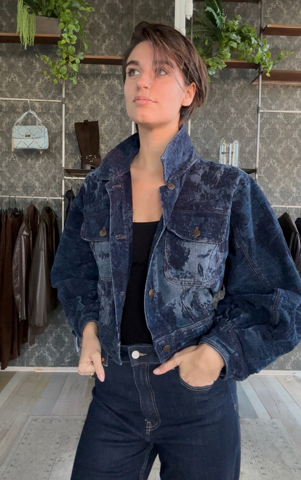 Giacca Crop in Denim e Velluto Blu «Blue Navy»