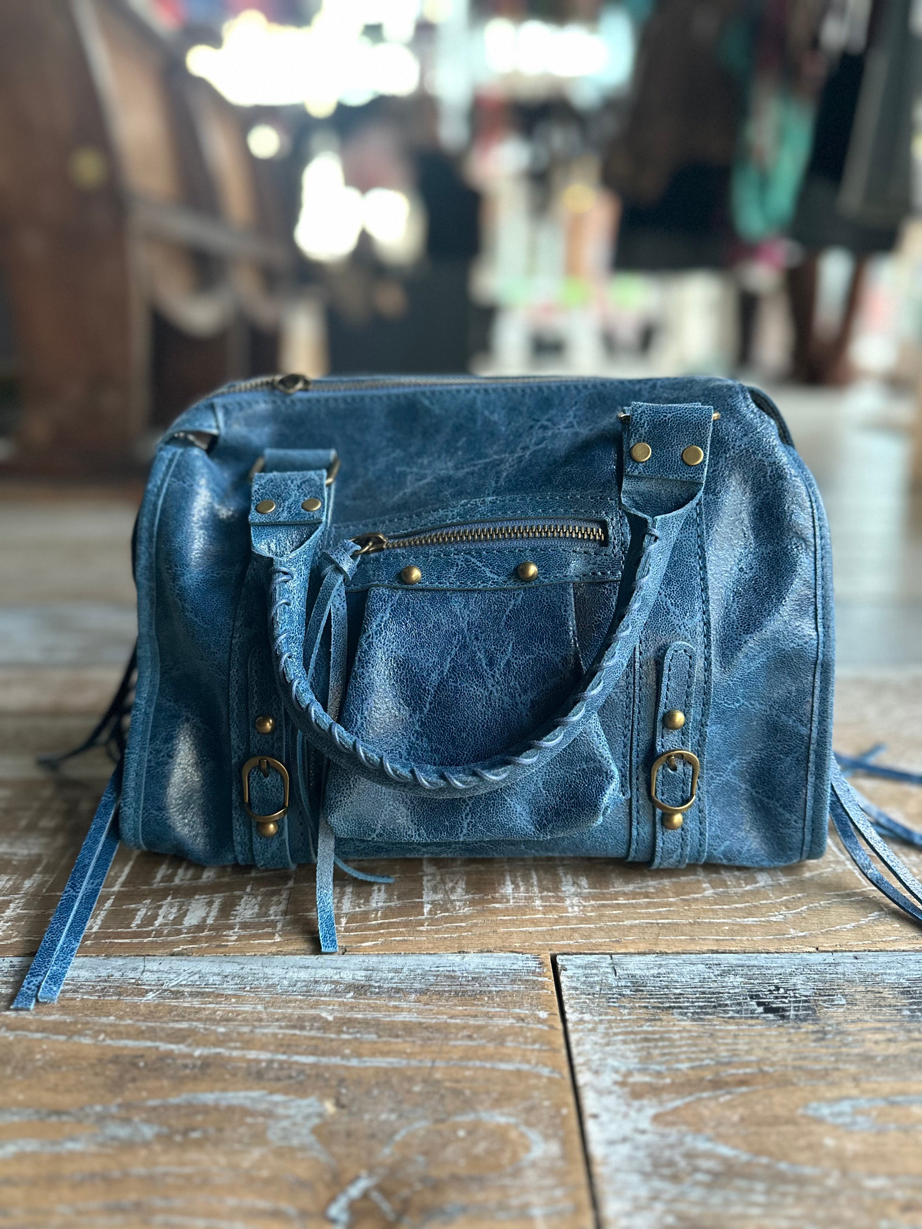 Borsa In Pelle Blue Jeans con Borchie Bronzo