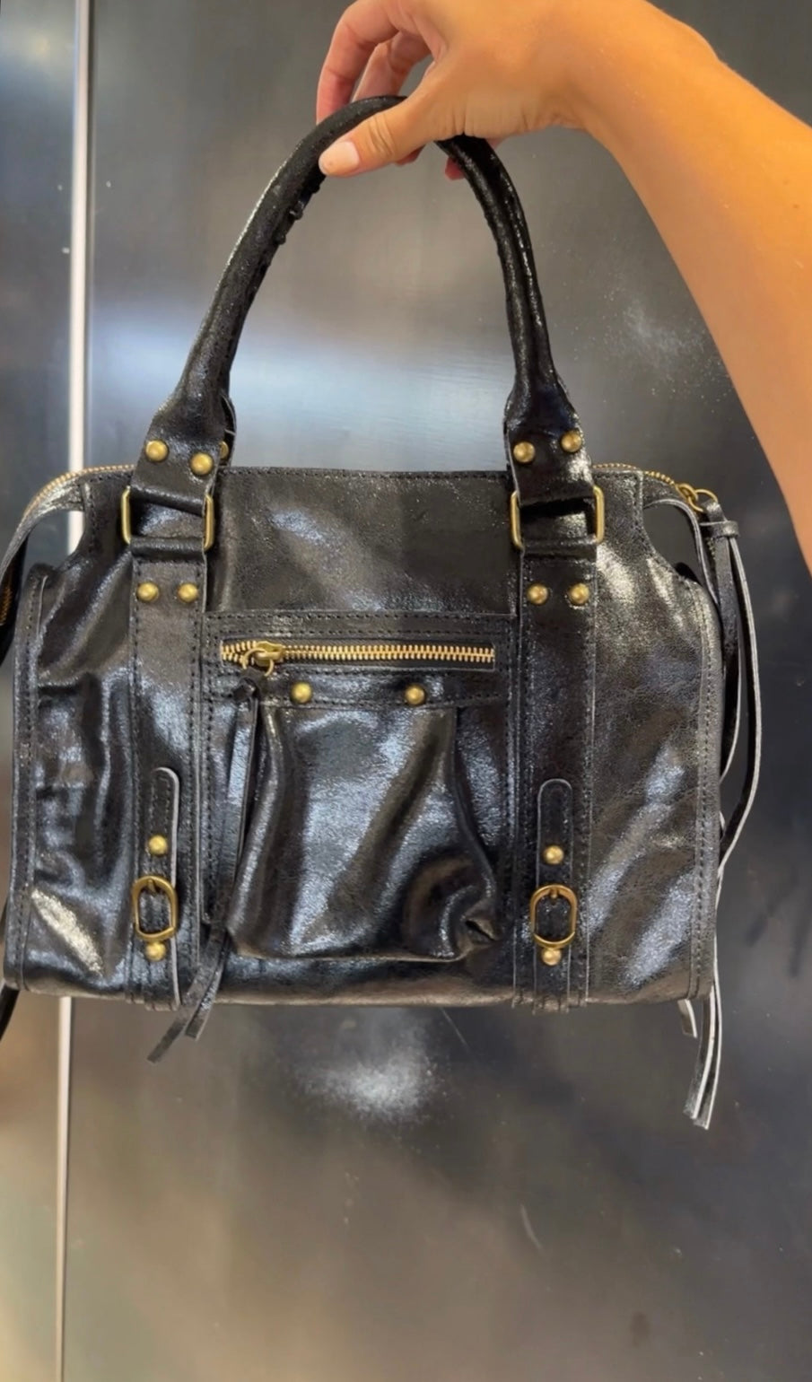 Borsa In Pelle Nero con borchie Bronzo