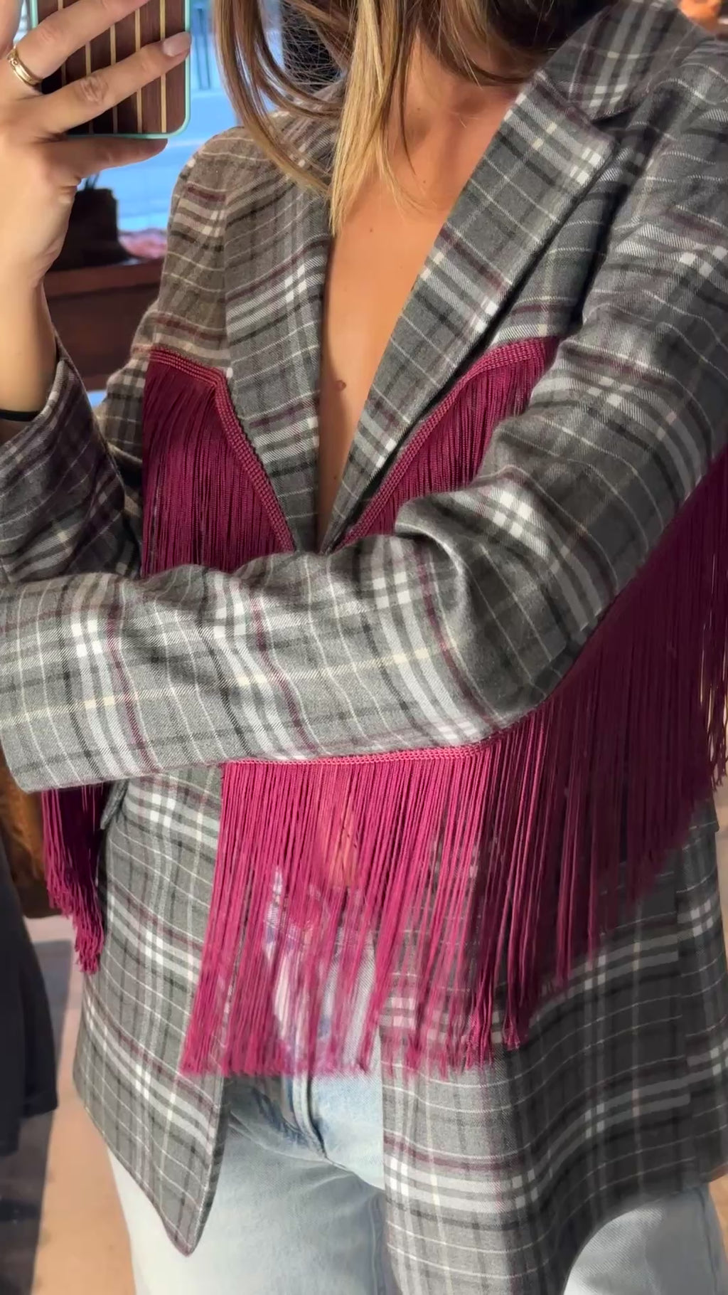 Giacca Blazer Tartan Rodeo con Frange Bordeaux