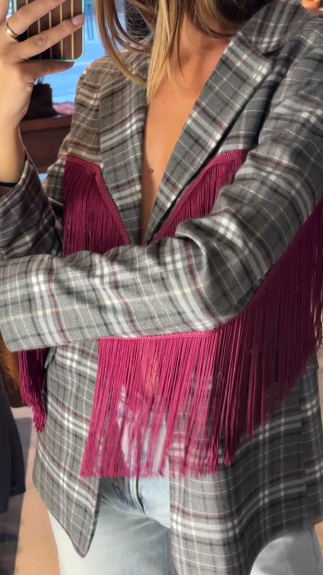 Giacca Blazer Tartan Rodeo con Frange Bordeaux